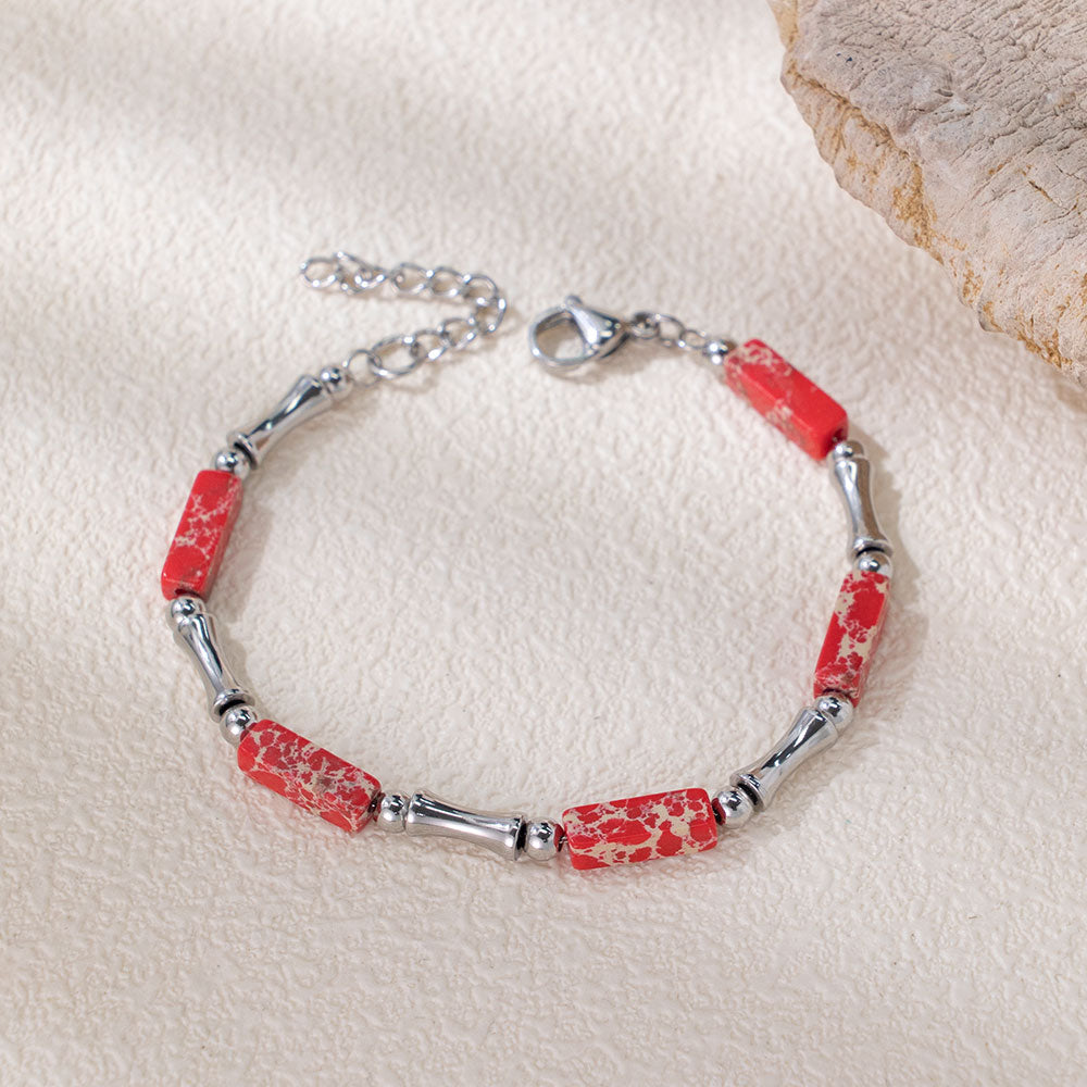 Rainbow Bamboo Bracelet – Multi-Colored Turquoise & Silver 316 Stainless Steel, Bamboo-Shaped Accents