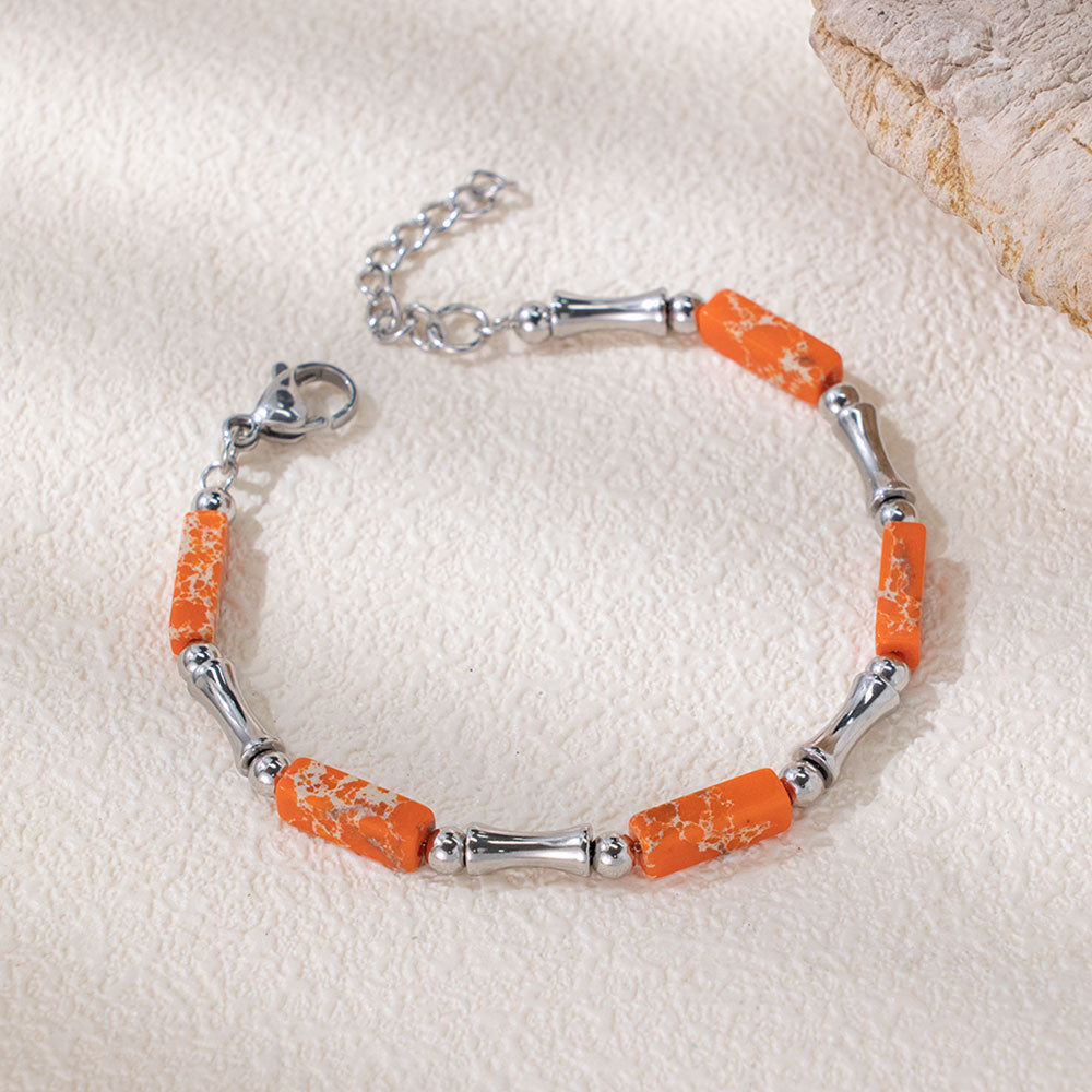 Rainbow Bamboo Bracelet – Multi-Colored Turquoise & Silver 316 Stainless Steel, Bamboo-Shaped Accents