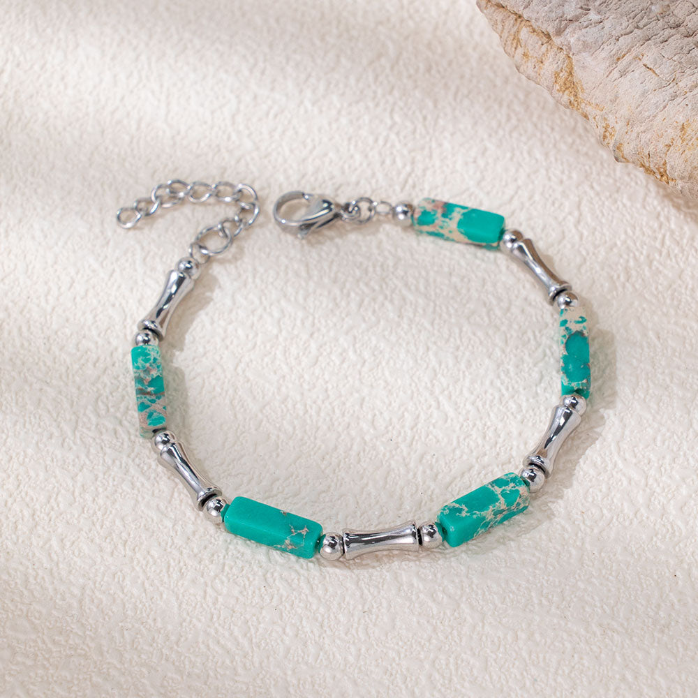 Rainbow Bamboo Bracelet – Multi-Colored Turquoise & Silver 316 Stainless Steel, Bamboo-Shaped Accents