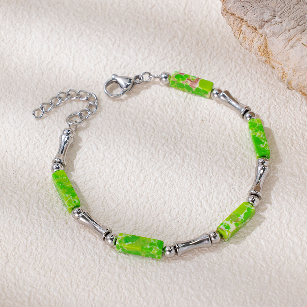 Rainbow Bamboo Bracelet – Multi-Colored Turquoise & Silver 316 Stainless Steel, Bamboo-Shaped Accents