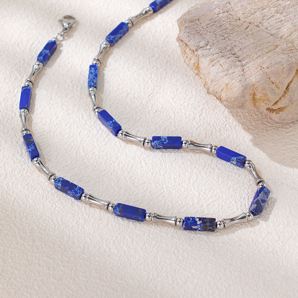 Rainbow Bamboo Necklace – Multi-Colored Turquoise & Silver 316 Stainless Steel, Bamboo-Shaped Accents, Unisex