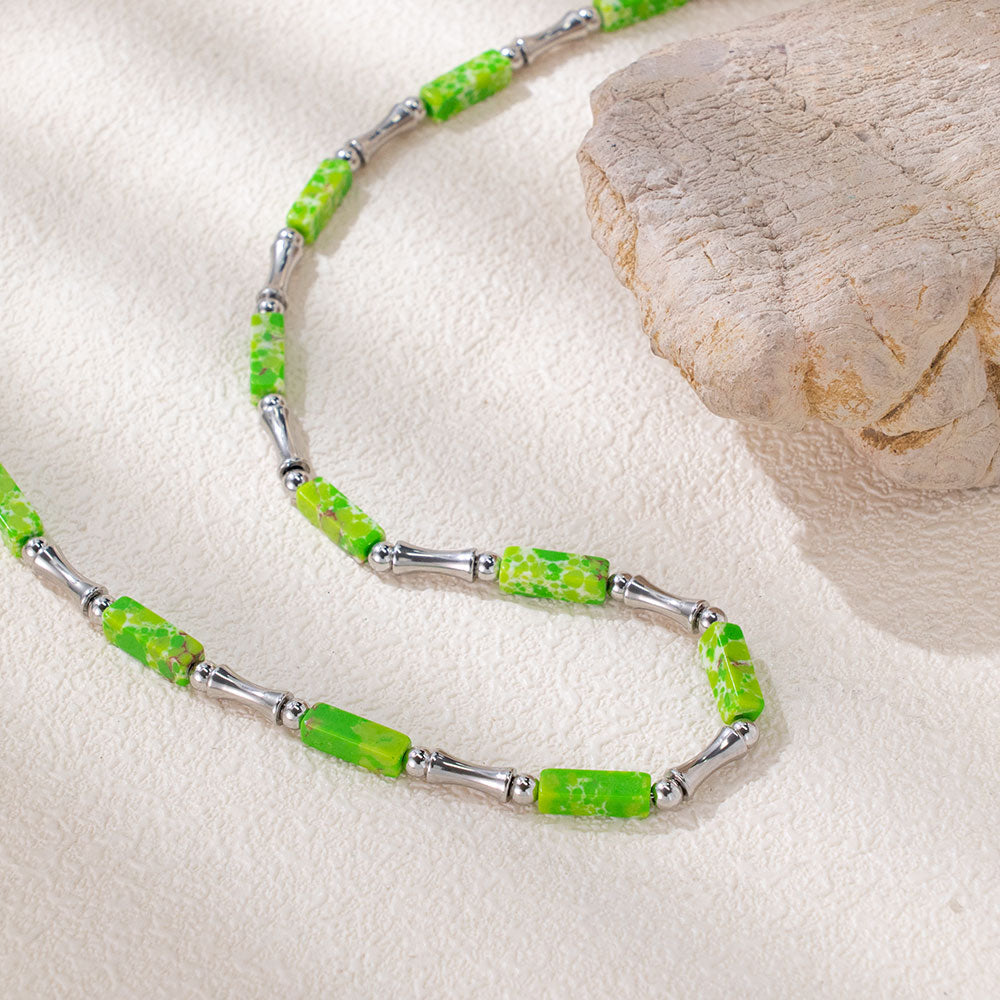 Rainbow Bamboo Necklace – Multi-Colored Turquoise & Silver 316 Stainless Steel, Bamboo-Shaped Accents, Unisex