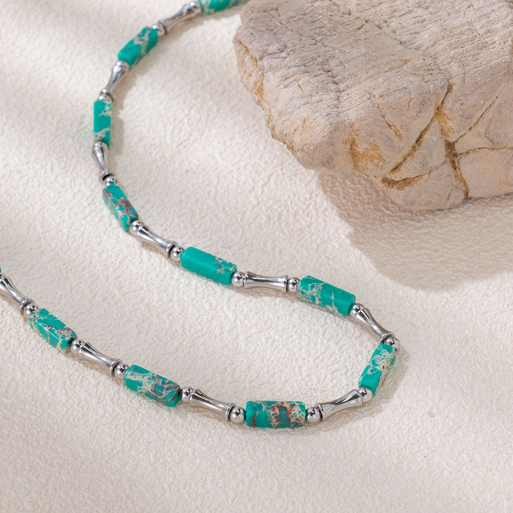 Rainbow Bamboo Necklace – Multi-Colored Turquoise & Silver 316 Stainless Steel, Bamboo-Shaped Accents, Unisex