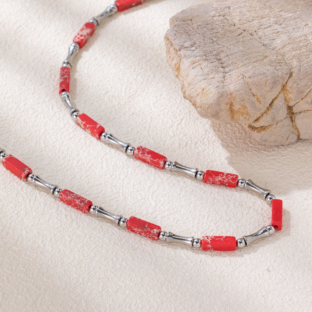 Rainbow Bamboo Necklace – Multi-Colored Turquoise & Silver 316 Stainless Steel, Bamboo-Shaped Accents, Unisex