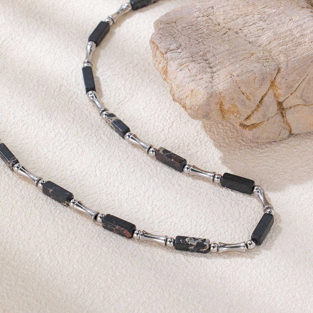 Rainbow Bamboo Necklace – Multi-Colored Turquoise & Silver 316 Stainless Steel, Bamboo-Shaped Accents, Unisex