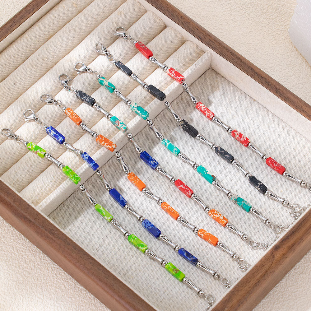 Rainbow Bamboo Bracelet – Multi-Colored Turquoise & Silver 316 Stainless Steel, Bamboo-Shaped Accents