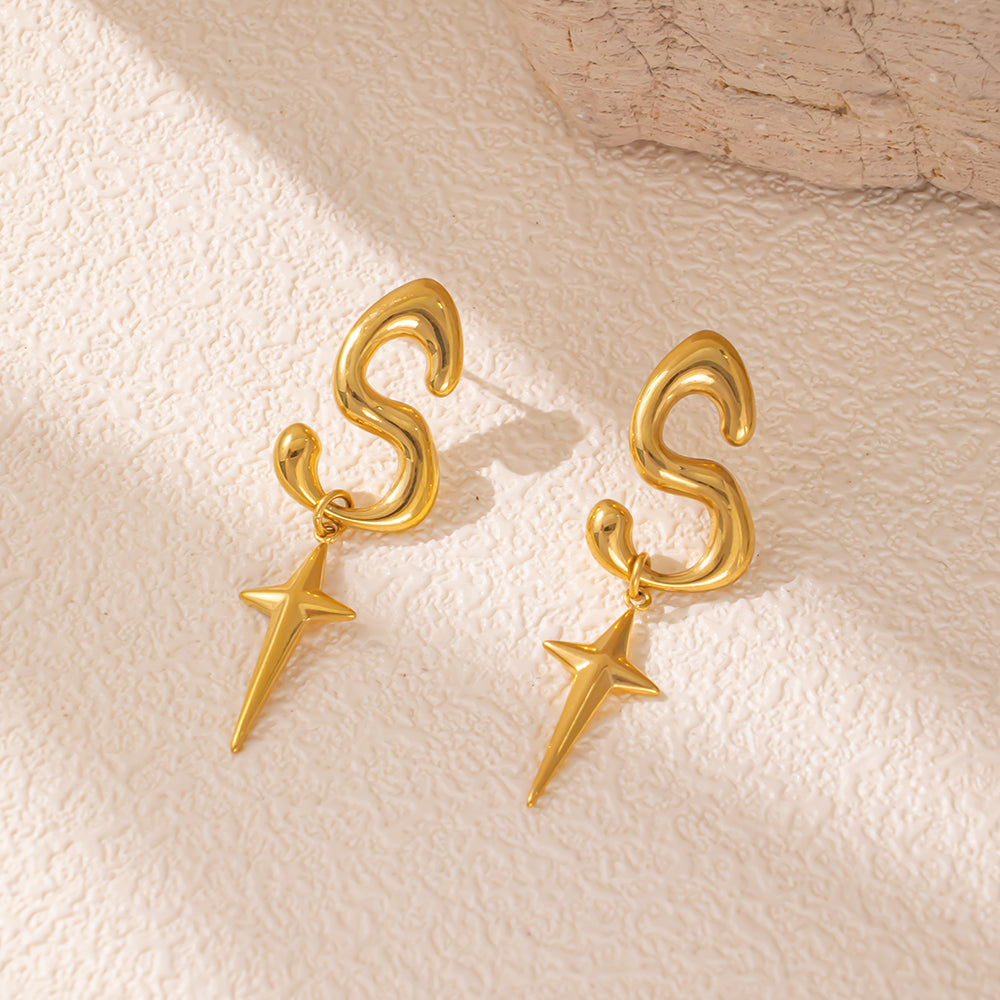 18K Gold-Plated Stainless Steel Stud Earrings – “S” with Cross, Modern & Stylish