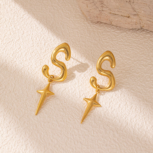 18K Gold-Plated Stainless Steel Stud Earrings – “S” with Cross, Modern & Stylish