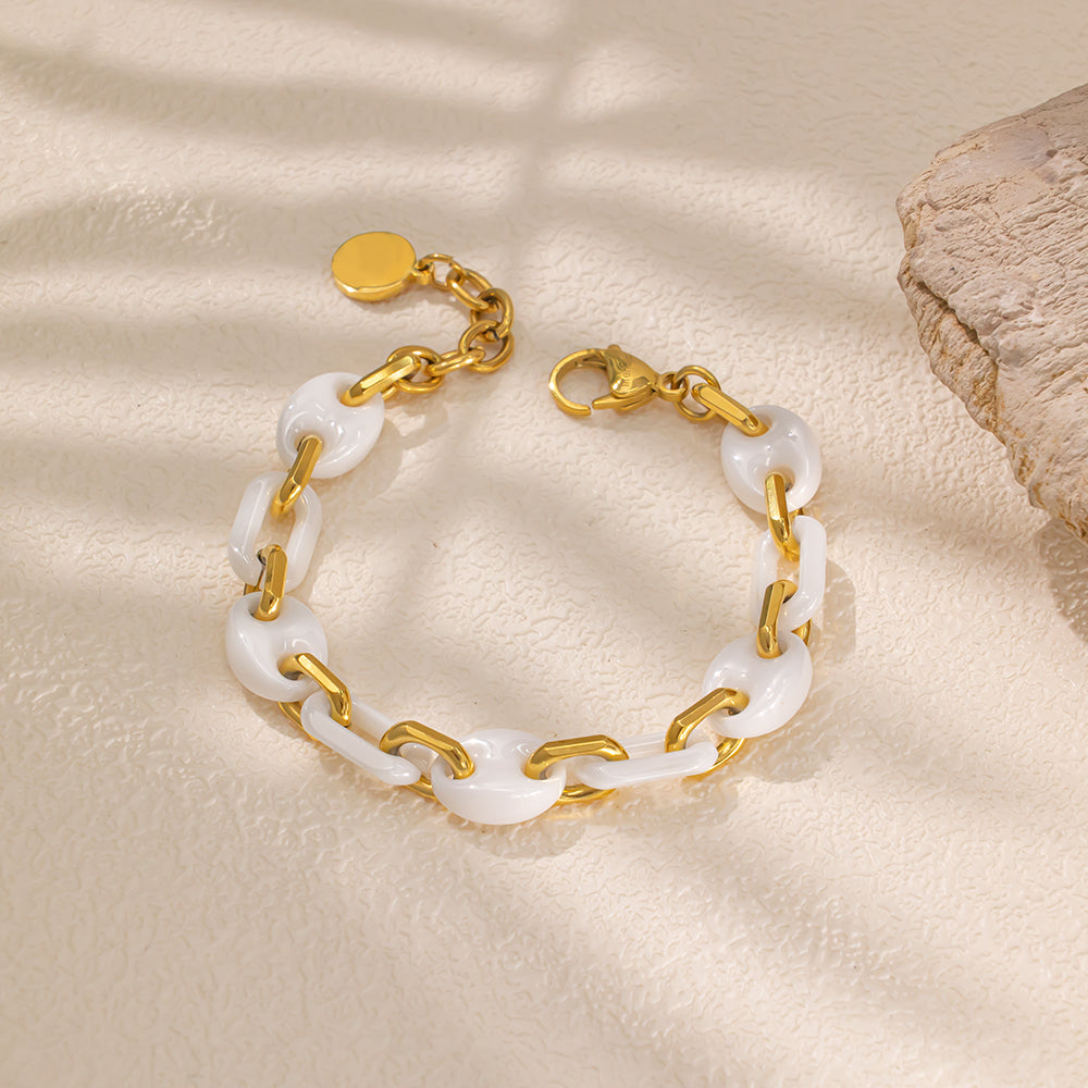 White Ceramic Bracelet with 18K Electroplated Stainless Steel – Elegant & Modern Unisex Accessory