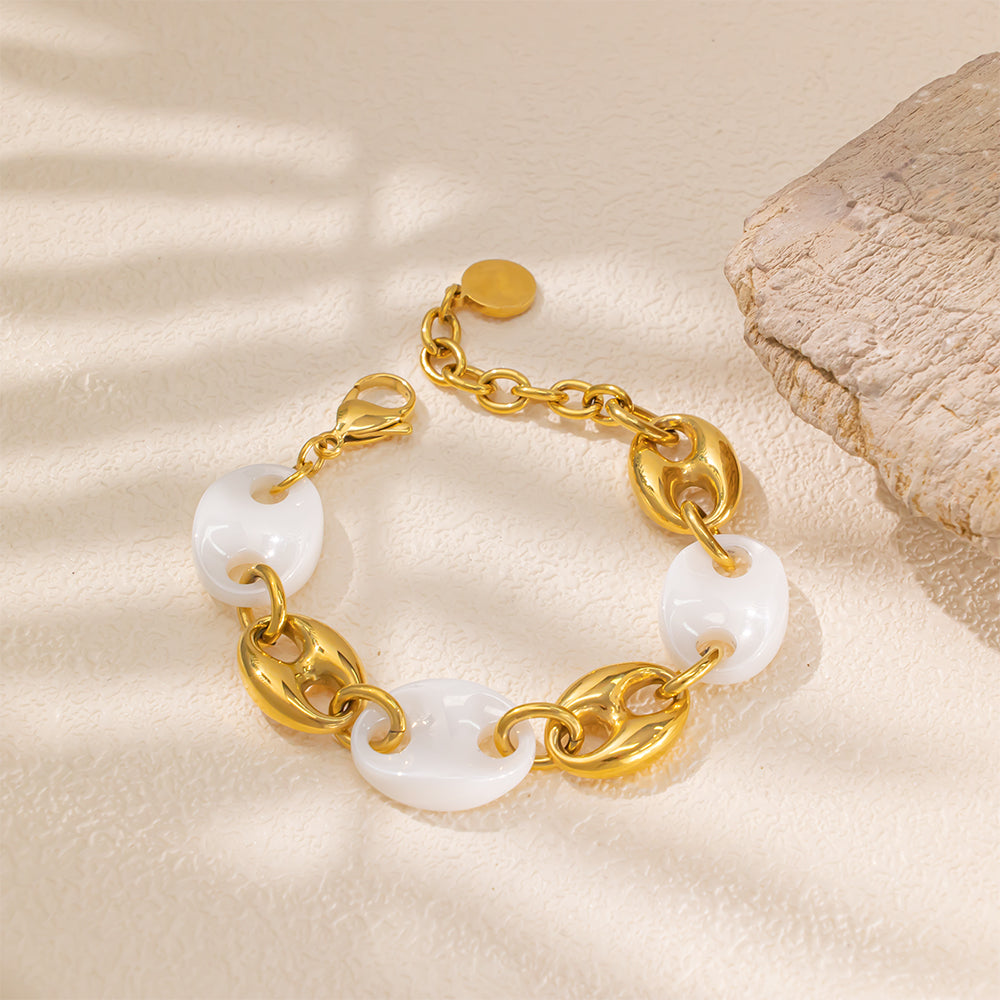 White Ceramic Bracelet with 18K Gold-Plated Stainless Steel – Elegant & Modern Unisex Accessory