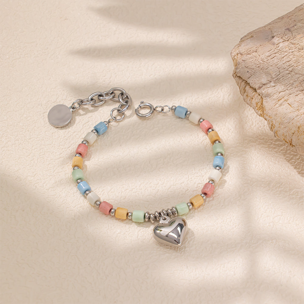 Rainbow Stone Heart Charm Bracelet for Women – Colorful Stainless Steel Beaded Bracelet, Symbol of Joy and Love