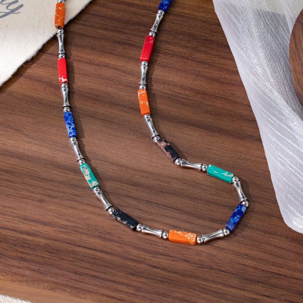 Rainbow Bamboo Necklace – Multi-Colored Turquoise & Silver 316 Stainless Steel, Bamboo-Shaped Accents, Unisex