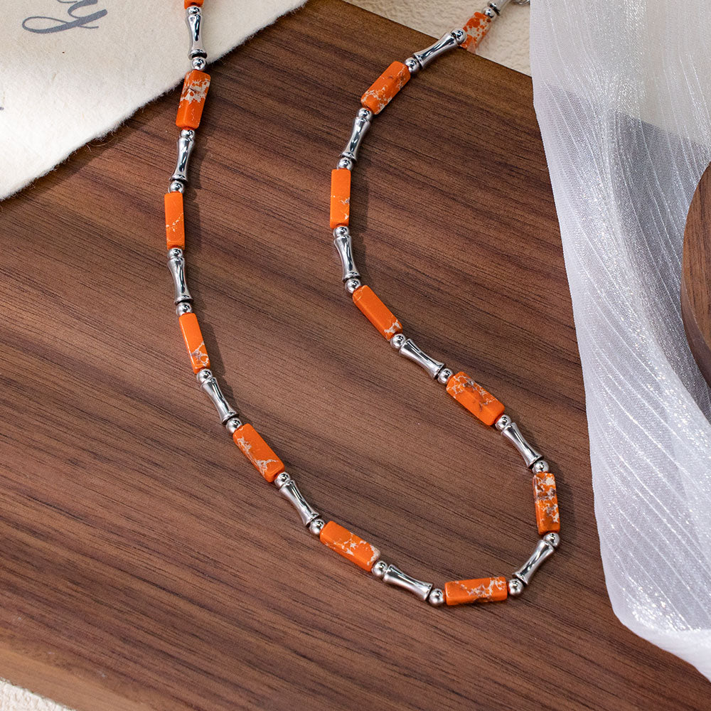 Rainbow Bamboo Necklace – Multi-Colored Turquoise & Silver 316 Stainless Steel, Bamboo-Shaped Accents, Unisex