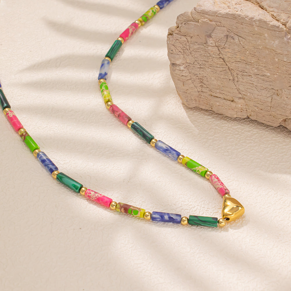 Rainbow Stone Necklace with Center Heart Pendant – Colorful & Charming Jewelry