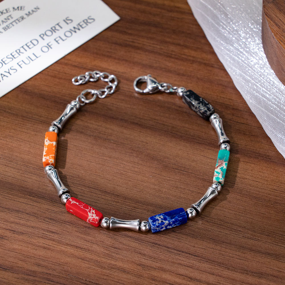 Rainbow Bamboo Bracelet – Multi-Colored Turquoise & Silver 316 Stainless Steel, Bamboo-Shaped Accents