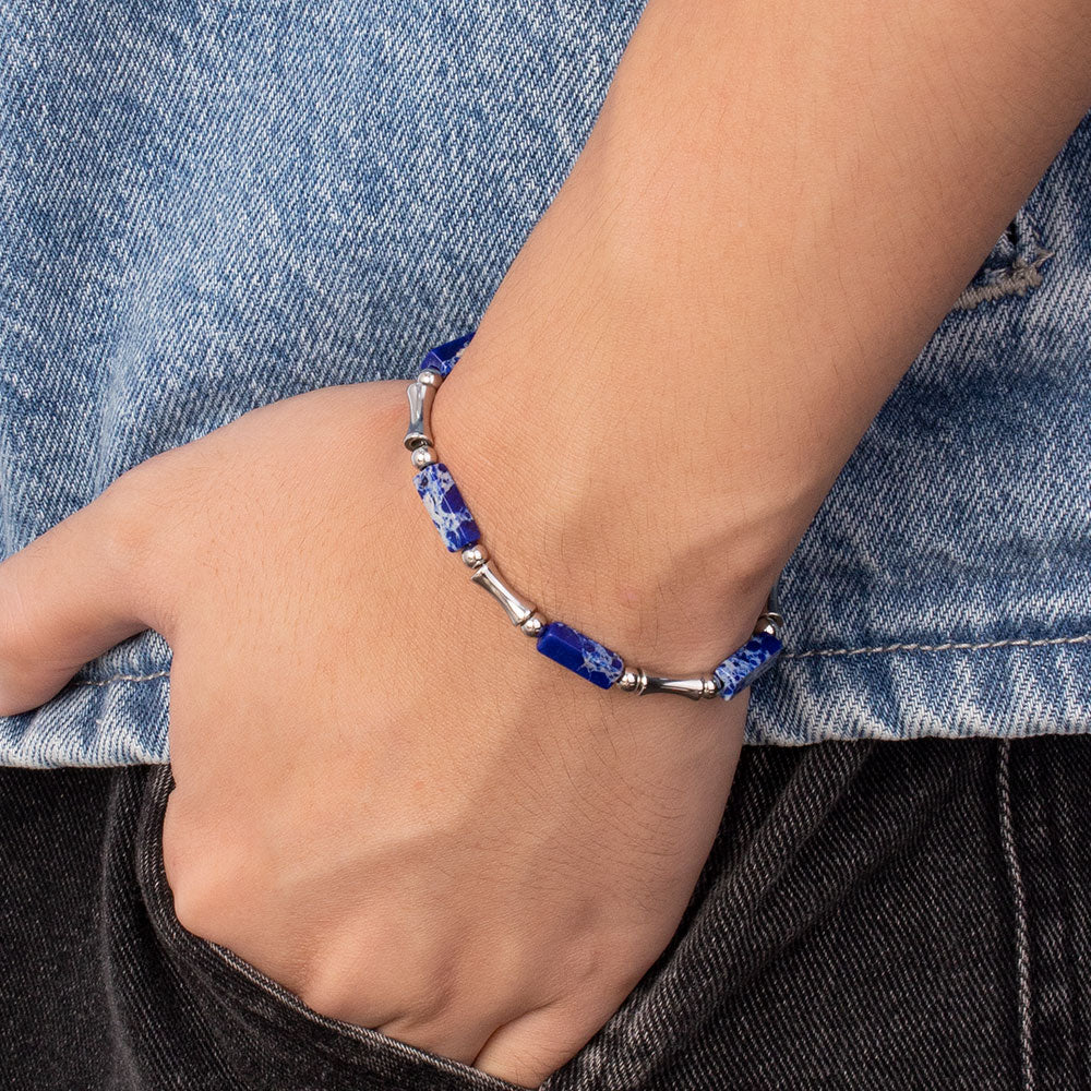 Rainbow Bamboo Bracelet – Multi-Colored Turquoise & Silver 316 Stainless Steel, Bamboo-Shaped Accents