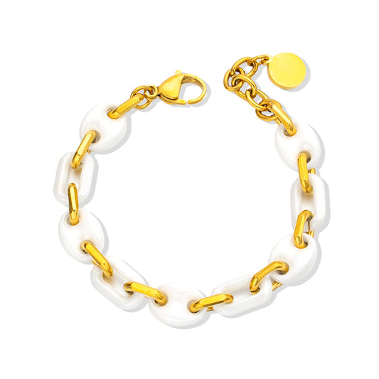 White Ceramic Bracelet with 18K Electroplated Stainless Steel – Elegant & Modern Unisex Accessory