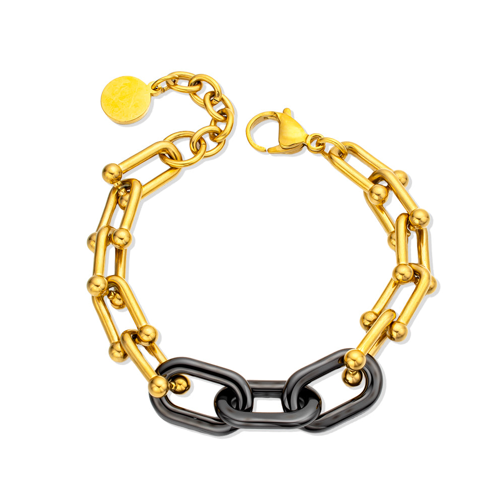 Black Ceramic Horseshoe Chain Bracelet with 18K Gold-Plated Stainless Steel – Bold & Elegant Unisex Jewelry