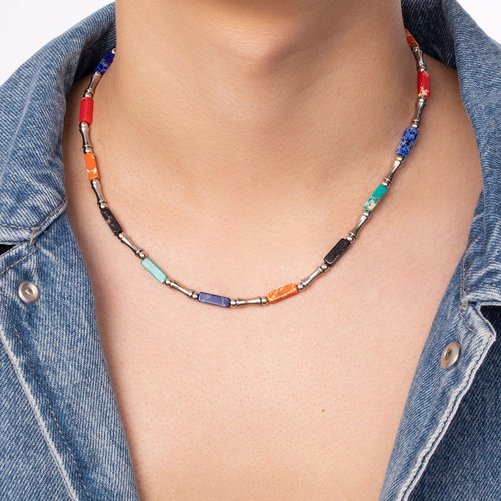 Rainbow Bamboo Necklace – Multi-Colored Turquoise & Silver 316 Stainless Steel, Bamboo-Shaped Accents, Unisex