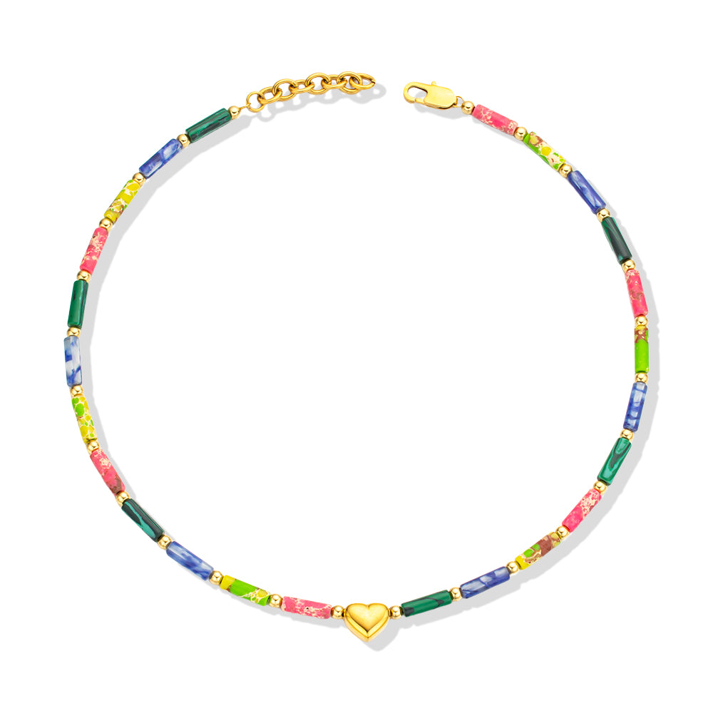 Rainbow Stone Necklace with Center Heart Pendant – Colorful & Charming Jewelry