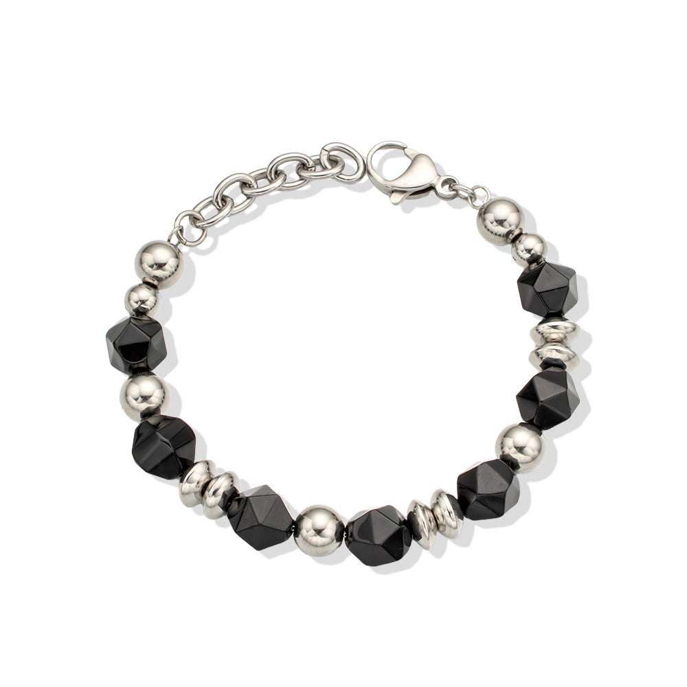 Black Faceted Agate Bracelet with 316 Stainless Steel Beads – Elegant & Modern