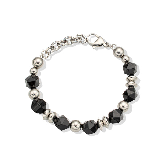 Black Faceted Agate Bracelet with 316 Stainless Steel Beads – Elegant & Modern