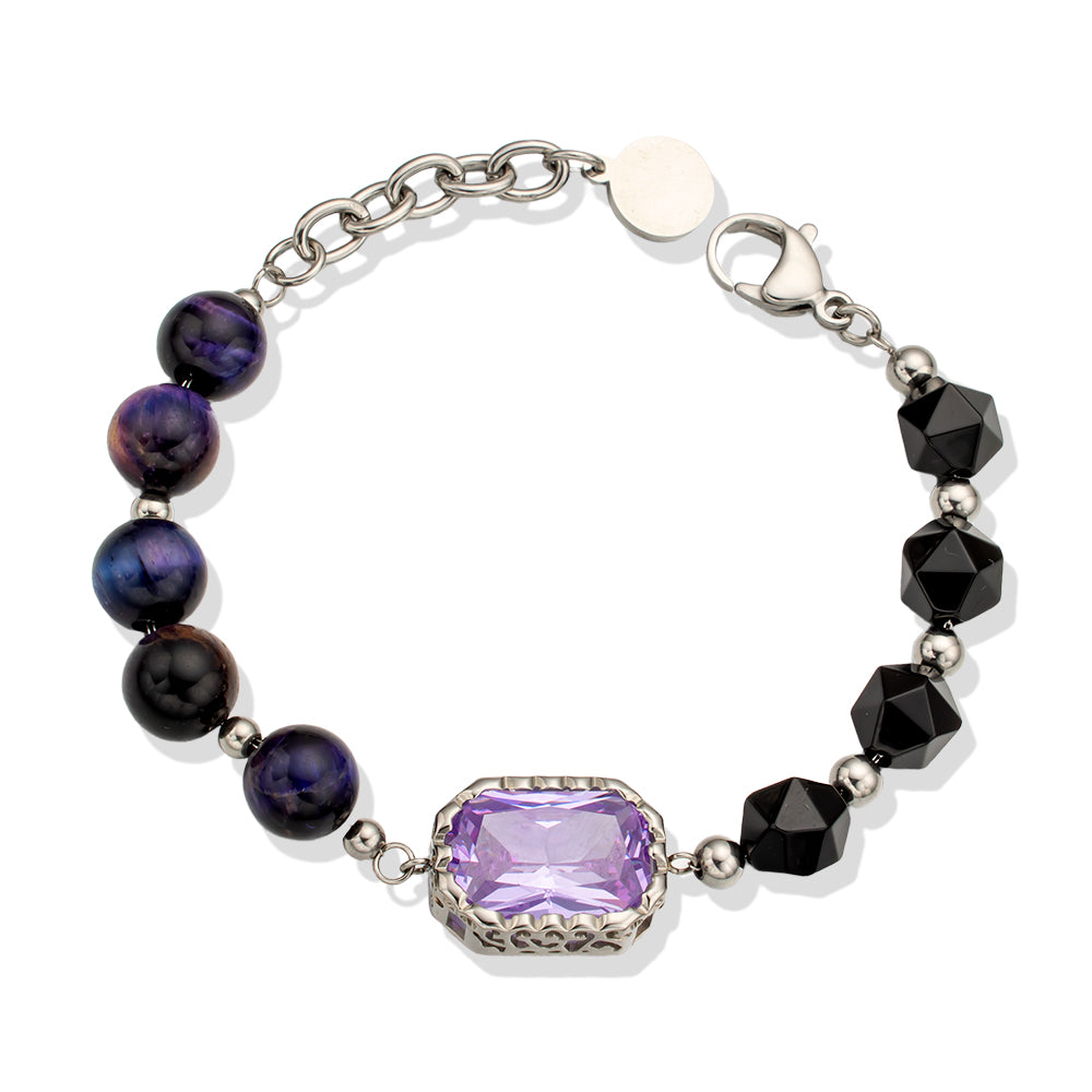 Black Faceted Agate Bracelet with Stainless Steel Beads & Purple Stone Pendant – Elegant & Unique