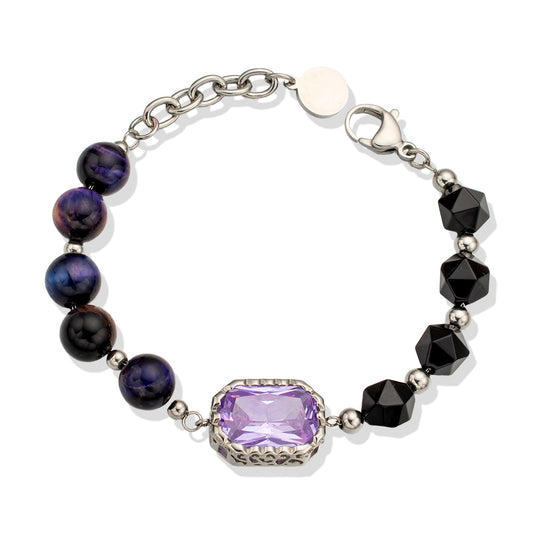 Black Faceted Agate Bracelet with Stainless Steel Beads & Purple Stone Pendant – Elegant & Unique