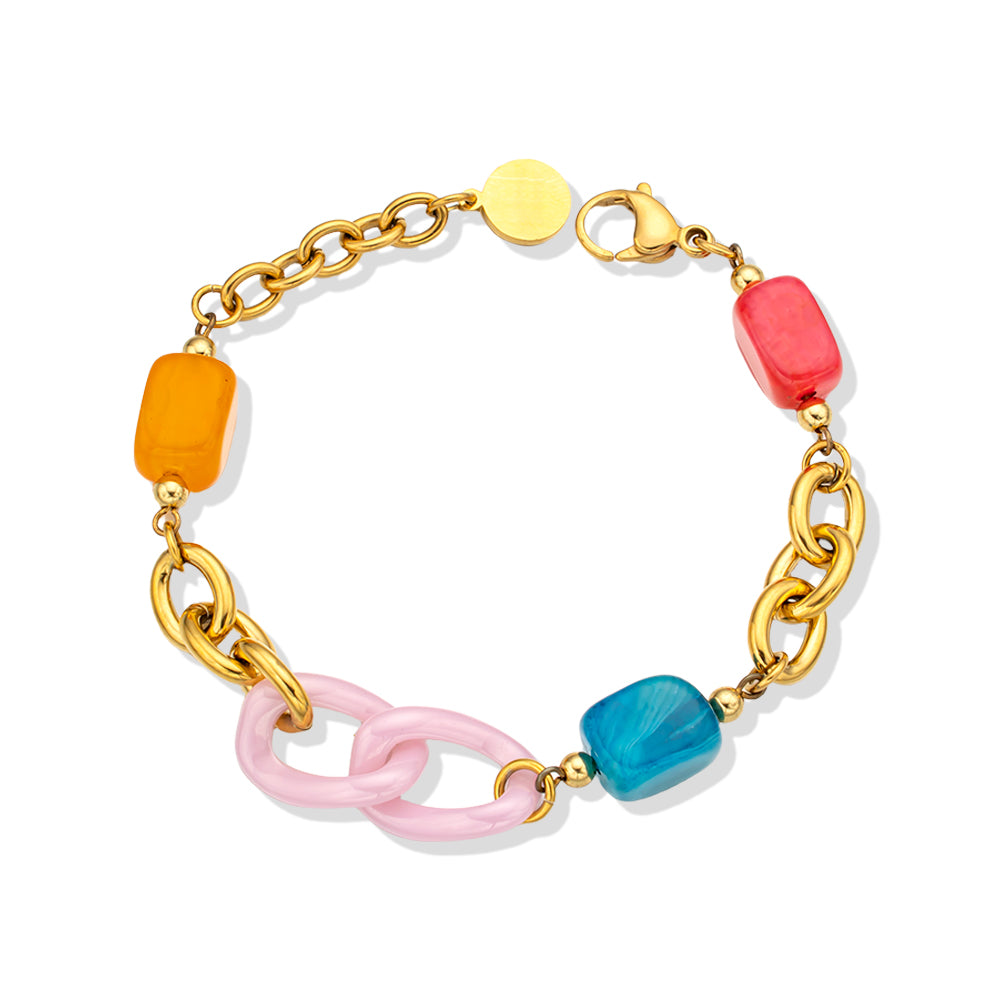 Colorful Agate & Pink Ceramic Bracelet with Gold-Plated Chain – Elegant & Playful