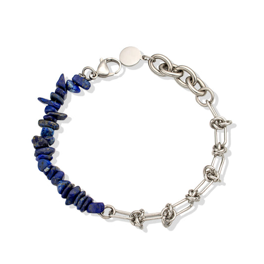 Lapis Lazuli Chip Bracelet with Stainless Steel Chain – Elegant & Natural