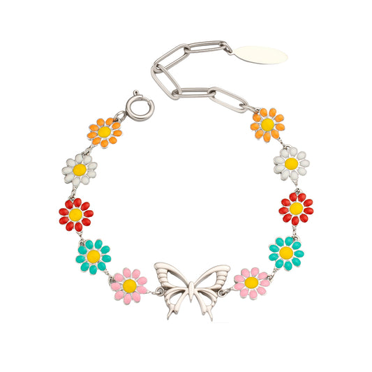 Colorful Enamel Flower Bracelet with Bow – Cute & Playful Accessory