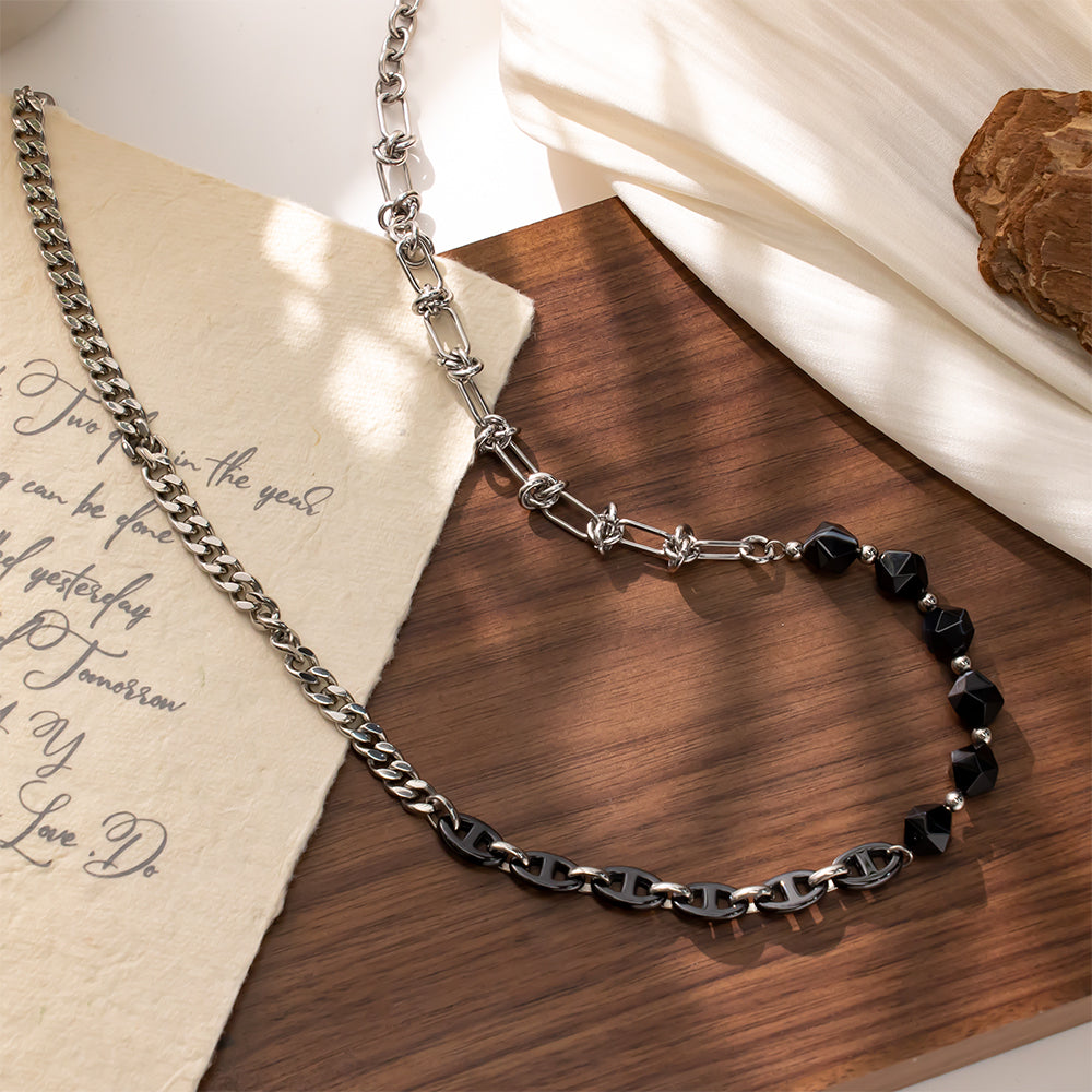 Black Agate Necklace with Stainless Steel Handmade Chain – Elegant & Bold