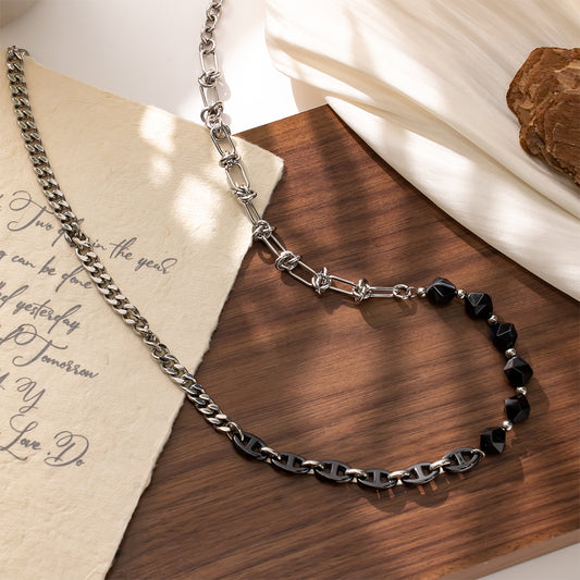 Black Agate Necklace with Stainless Steel Handmade Chain – Elegant & Bold