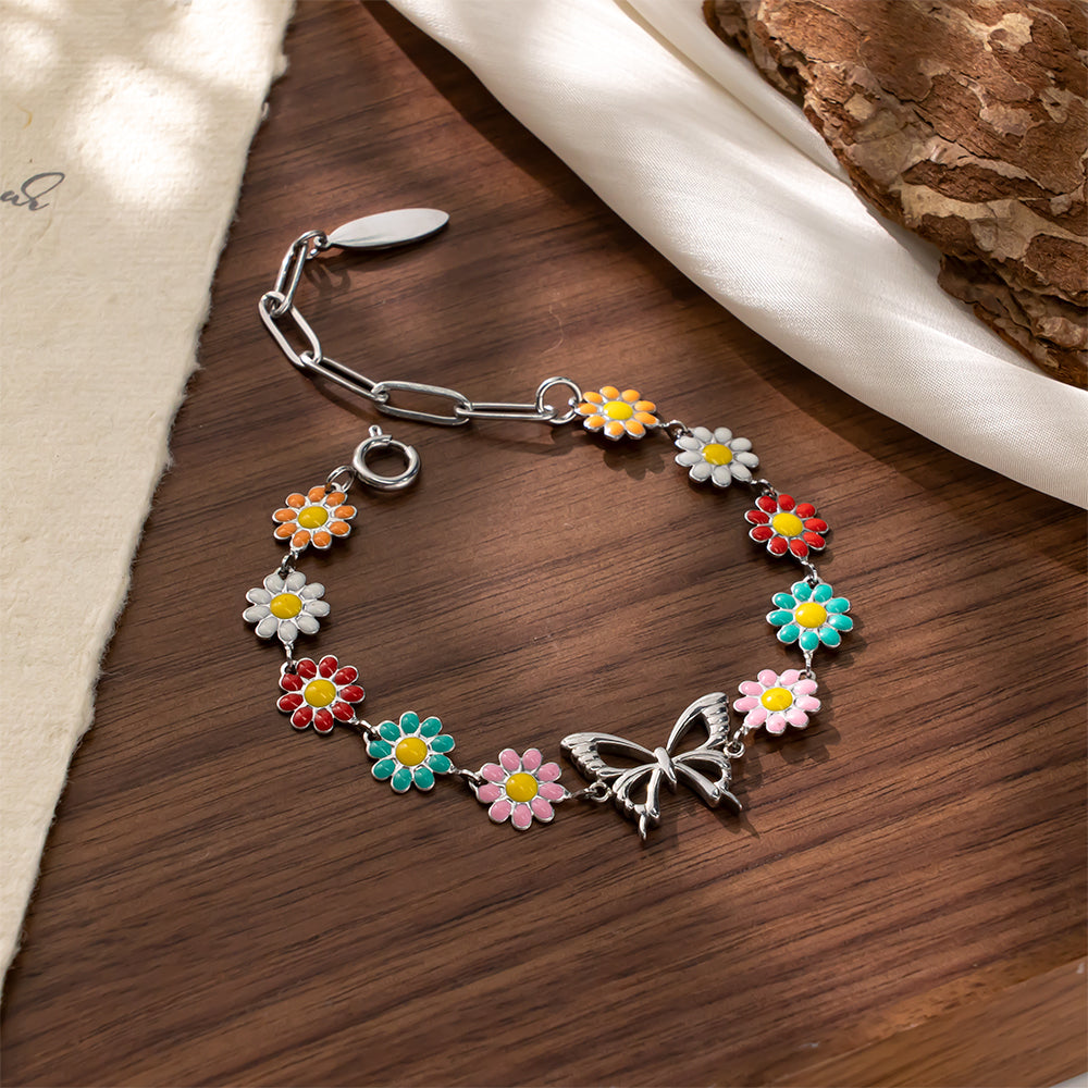 Colorful Enamel Flower Bracelet with Bow – Cute & Playful Accessory
