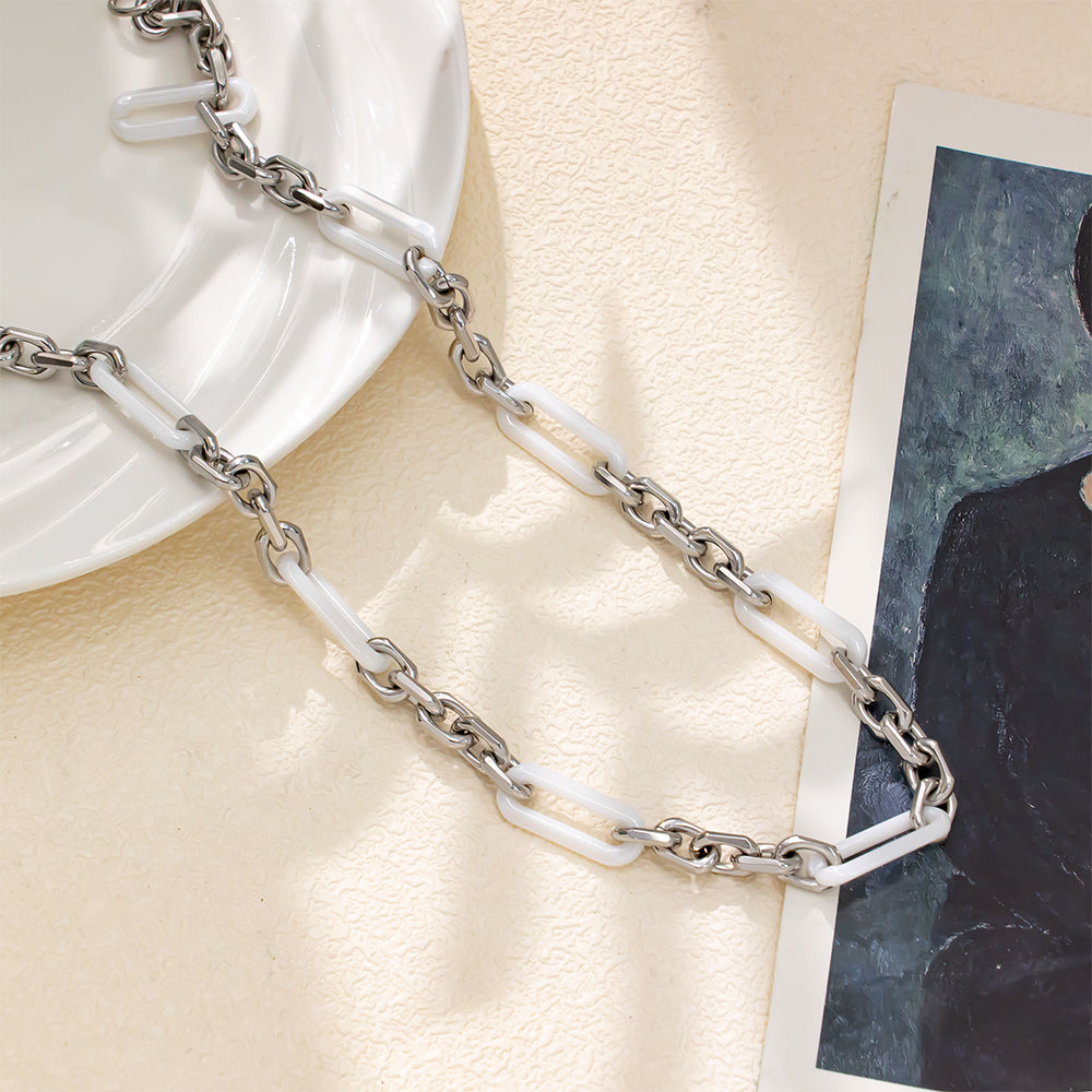 White Ceramic Necklace with 316 Stainless Steel Chain – Textured & Bold