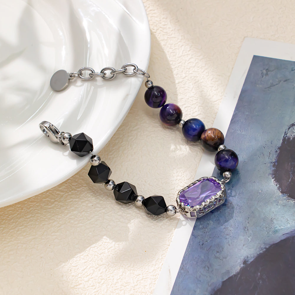 Black Faceted Agate Bracelet with Stainless Steel Beads & Purple Stone Pendant – Elegant & Unique