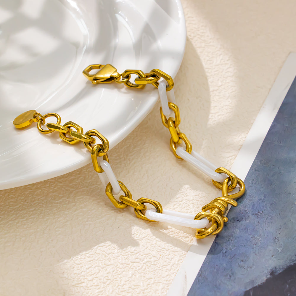 White Ceramic Bracelet with Gold-Plated Stainless Steel – Elegant & Modern