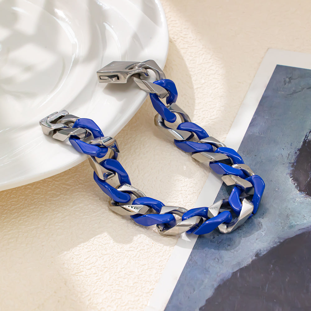 Dark Blue Ceramic Bracelet with Chunky 316 Stainless Steel NK Chain – Bold & Modern