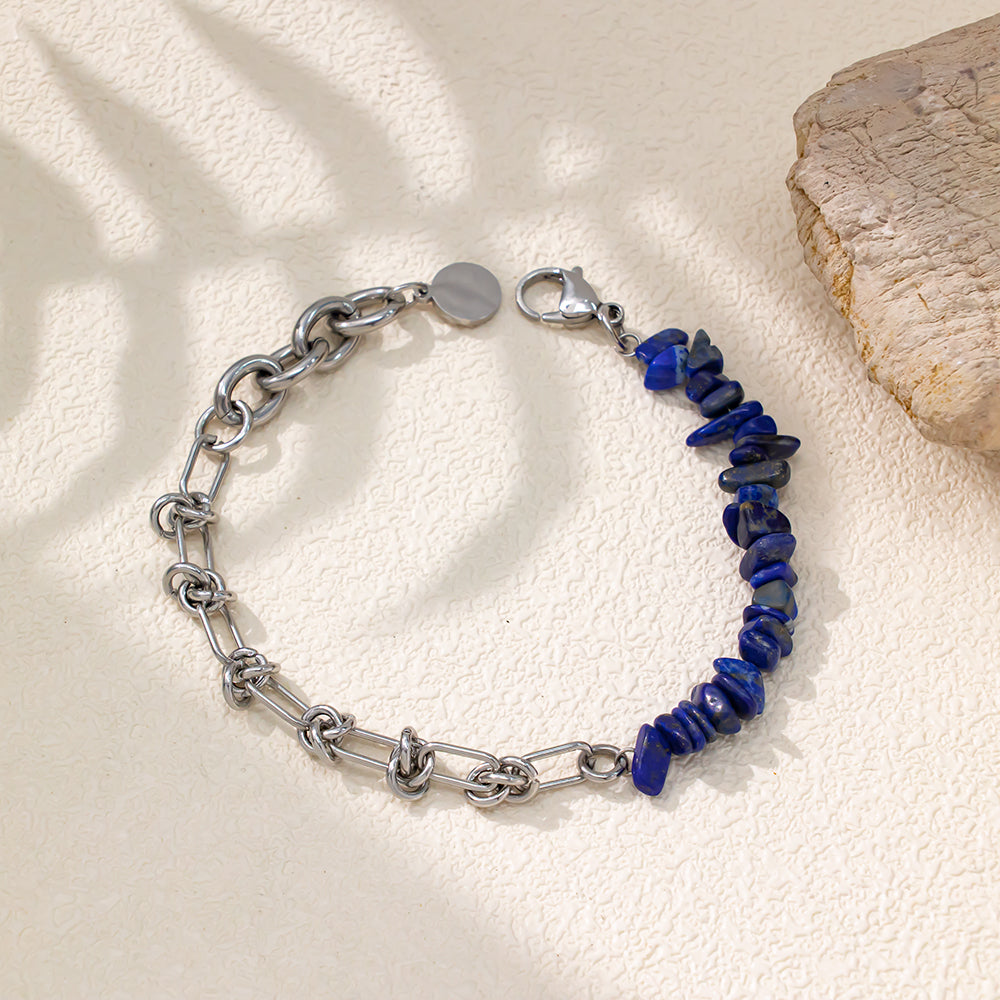 Lapis Lazuli Chip Bracelet with Stainless Steel Chain – Elegant & Natural