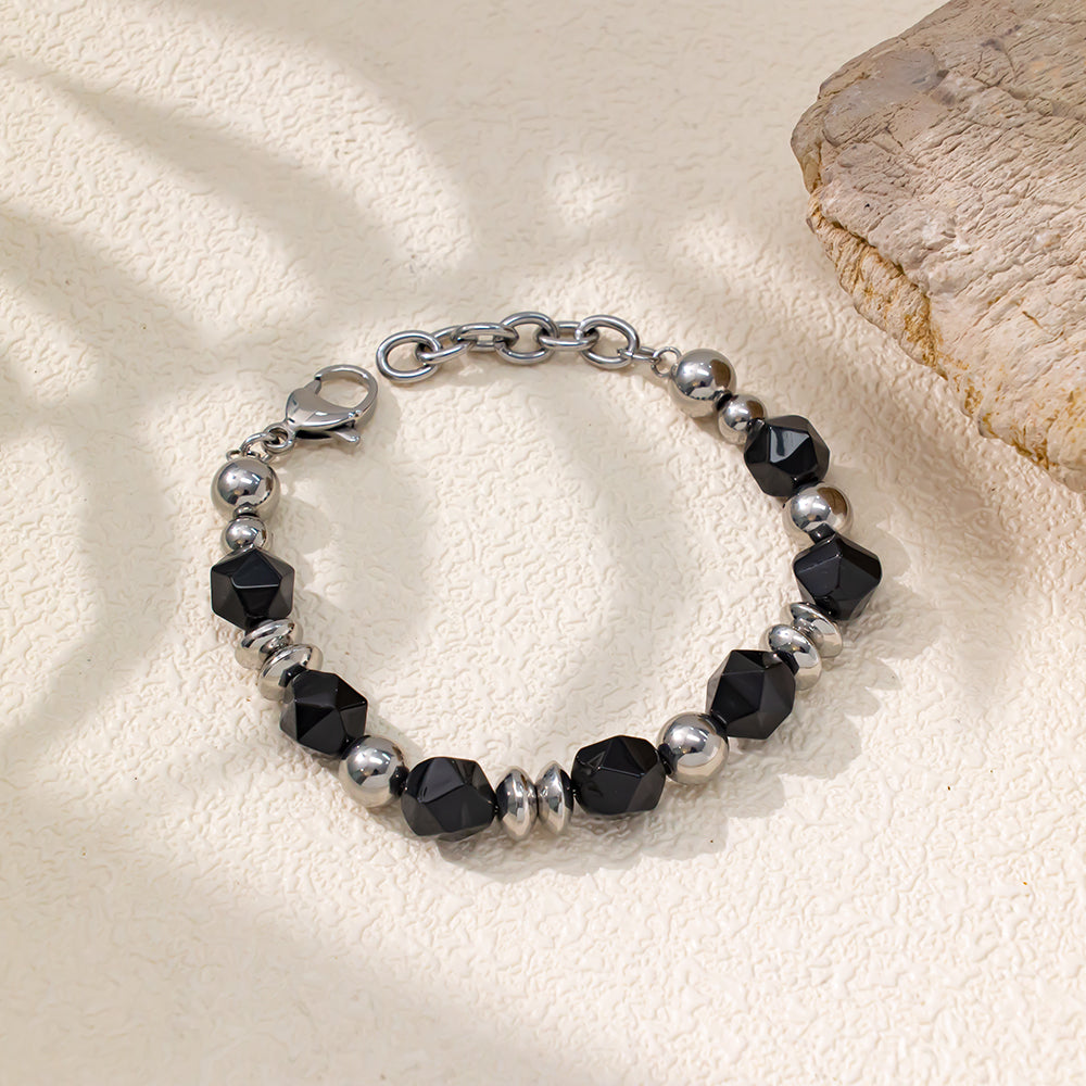 Black Faceted Agate Bracelet with 316 Stainless Steel Beads – Elegant & Modern