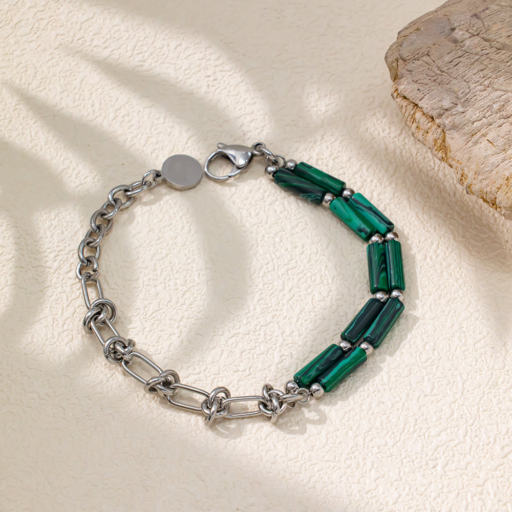 Double-Layer Green Bamboo Stone Bracelet with Stainless Steel – Elegant & Unique Design