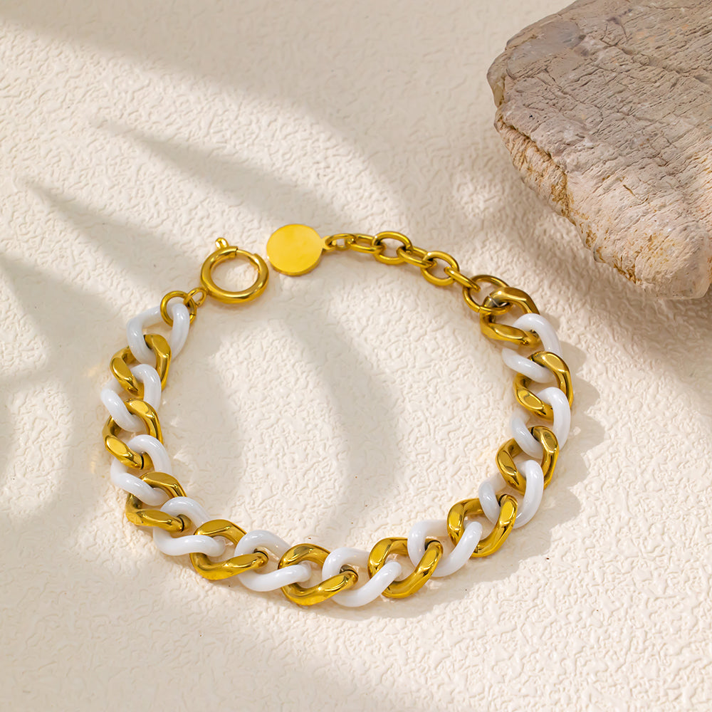 White Ceramic Bracelet with Gold-Plated Stainless Steel NK Chain – Minimalist & Elegant