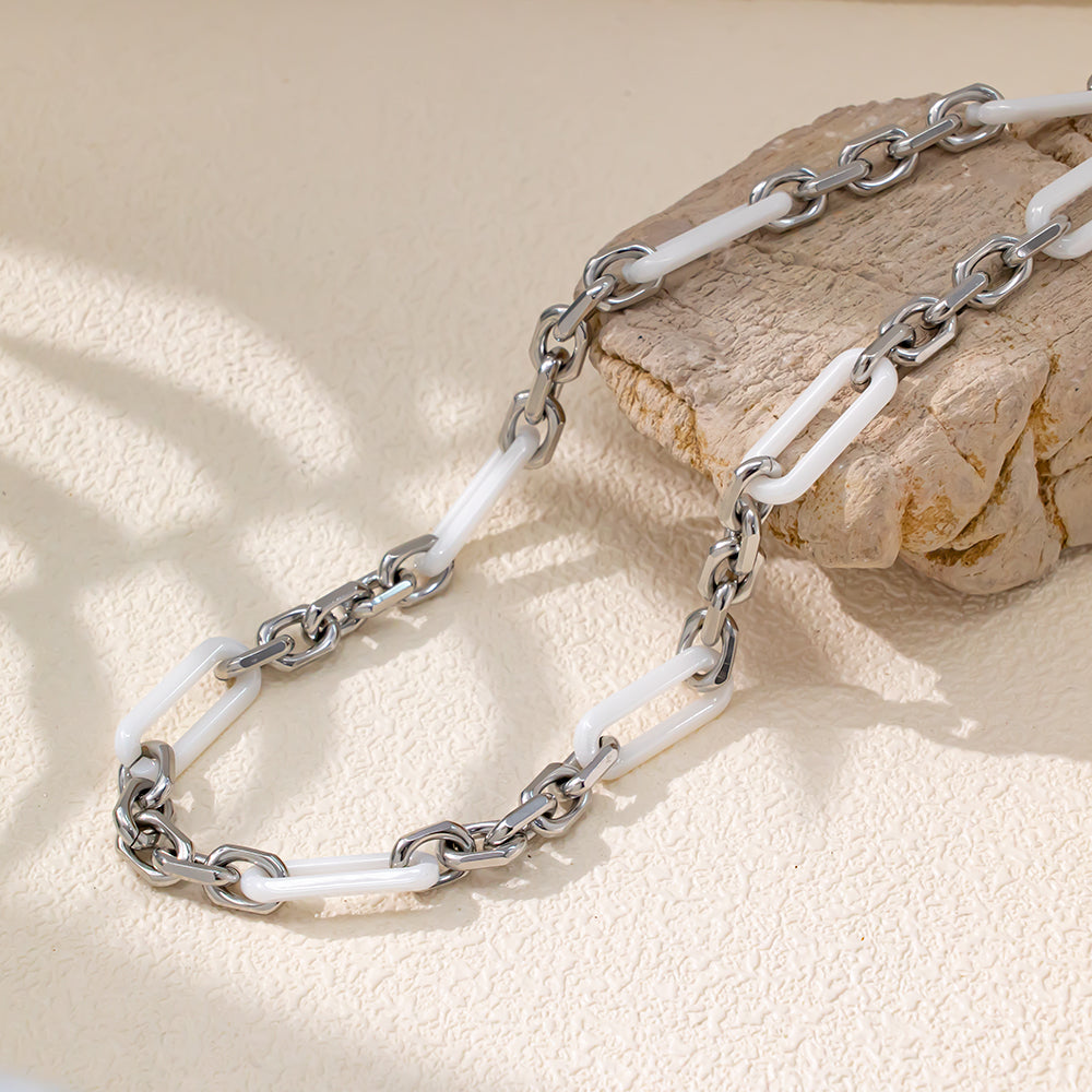 White Ceramic Necklace with 316 Stainless Steel Chain – Textured & Bold