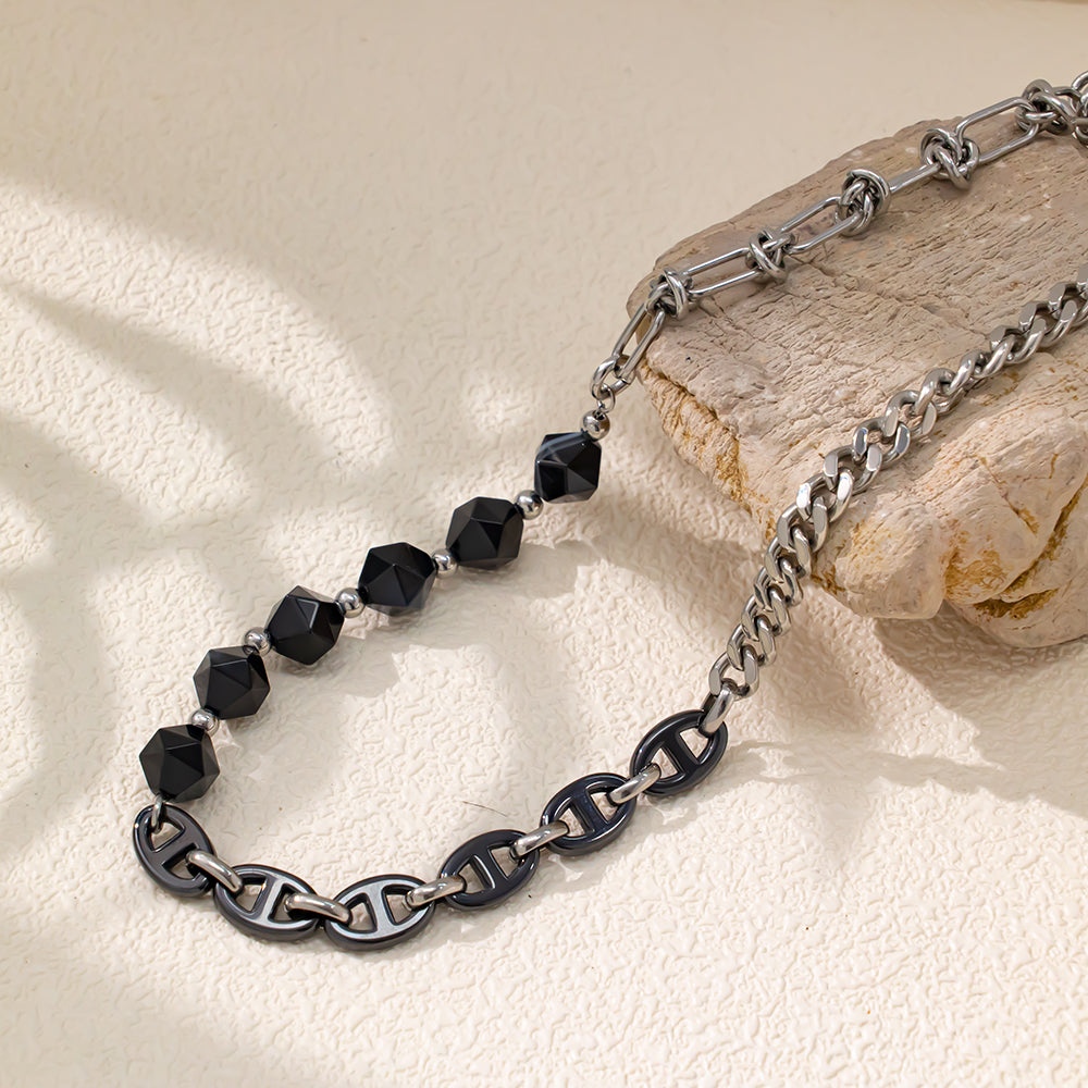 Black Agate Necklace with Stainless Steel Handmade Chain – Elegant & Bold