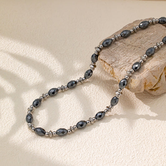 Black Obsidian Necklace with Stainless Steel Beads – Elegant & Refined