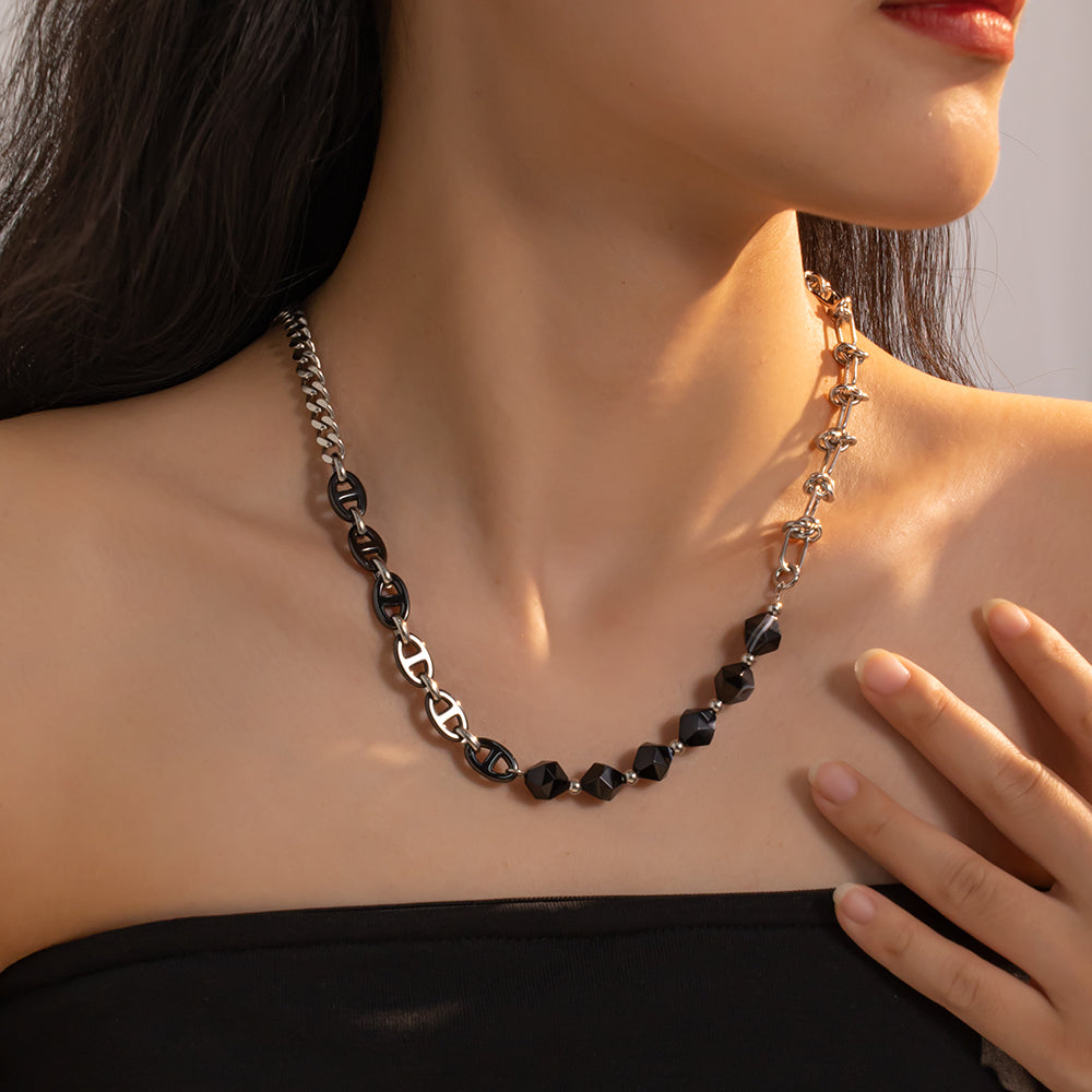 Black Agate Necklace with Stainless Steel Handmade Chain – Elegant & Bold