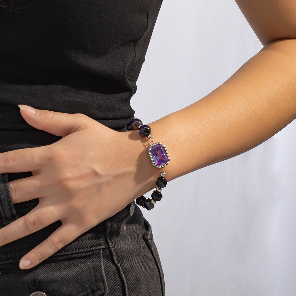 Black Faceted Agate Bracelet with Stainless Steel Beads & Purple Stone Pendant – Elegant & Unique