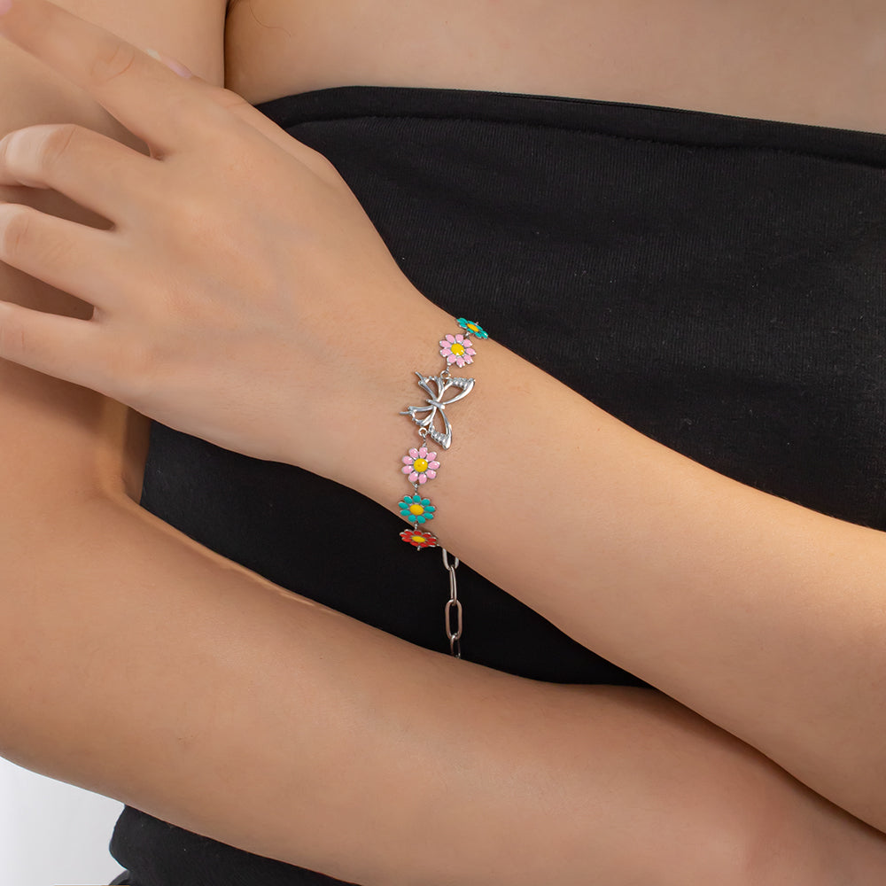 Colorful Enamel Flower Bracelet with Bow – Cute & Playful Accessory