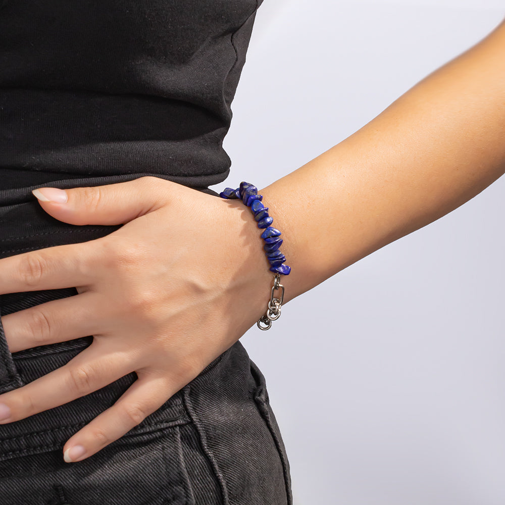 Lapis Lazuli Chip Bracelet with Stainless Steel Chain – Elegant & Natural