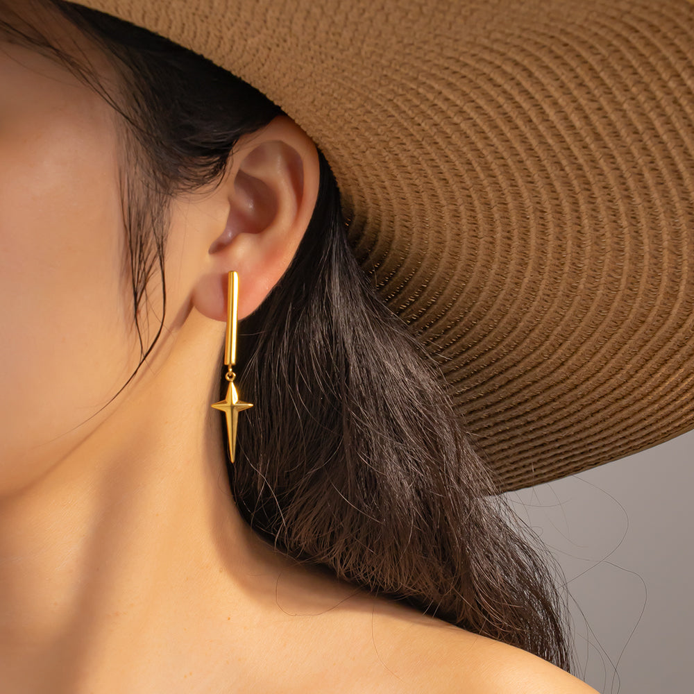 18K Gold-Plated Stainless Steel Star Bar Earrings – Cute & Stylish Studs